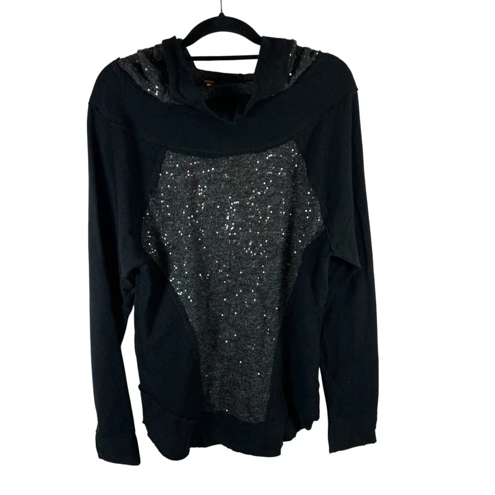 Free People Sequin Mixed Media Hoodie Black Charcoal Grey‎ Pullover Small boho
